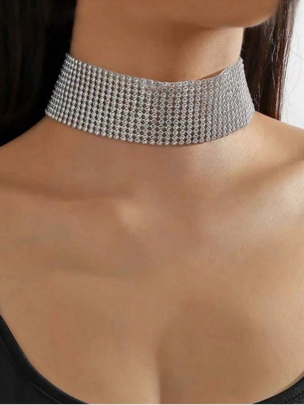 Rhinestone Wide Silver Crystal Collar Choker